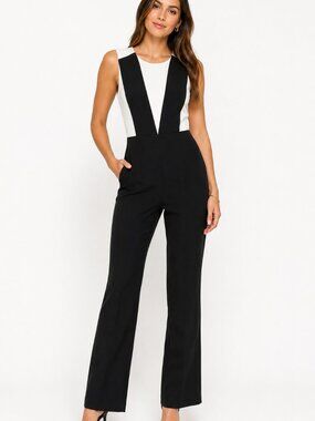 BCBGMAXAZRIA Galiena Jumpsuit Size 6 Black White Tuxedo Wide Leg LMQ9C393